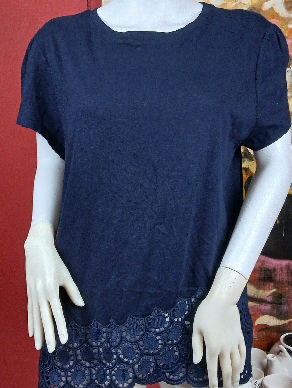 LOFT Navy Short Sleeve Top with Scalloped Lace Hem